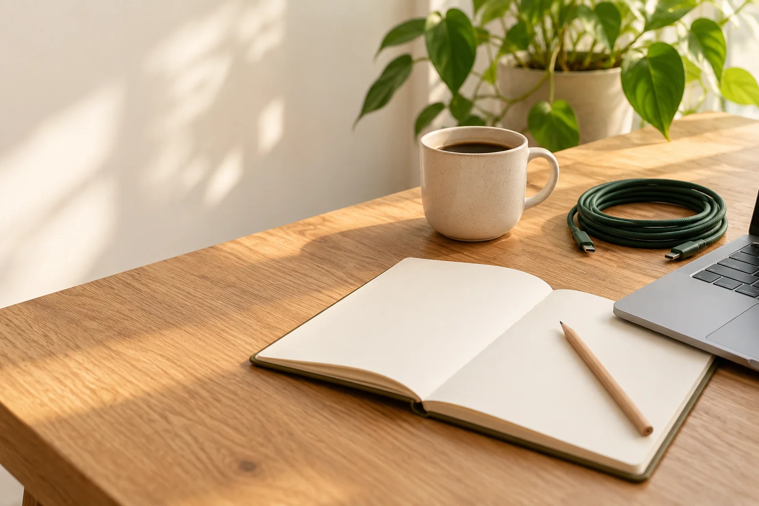 A notebook, coffee and laptop on a sunlit wooden desk